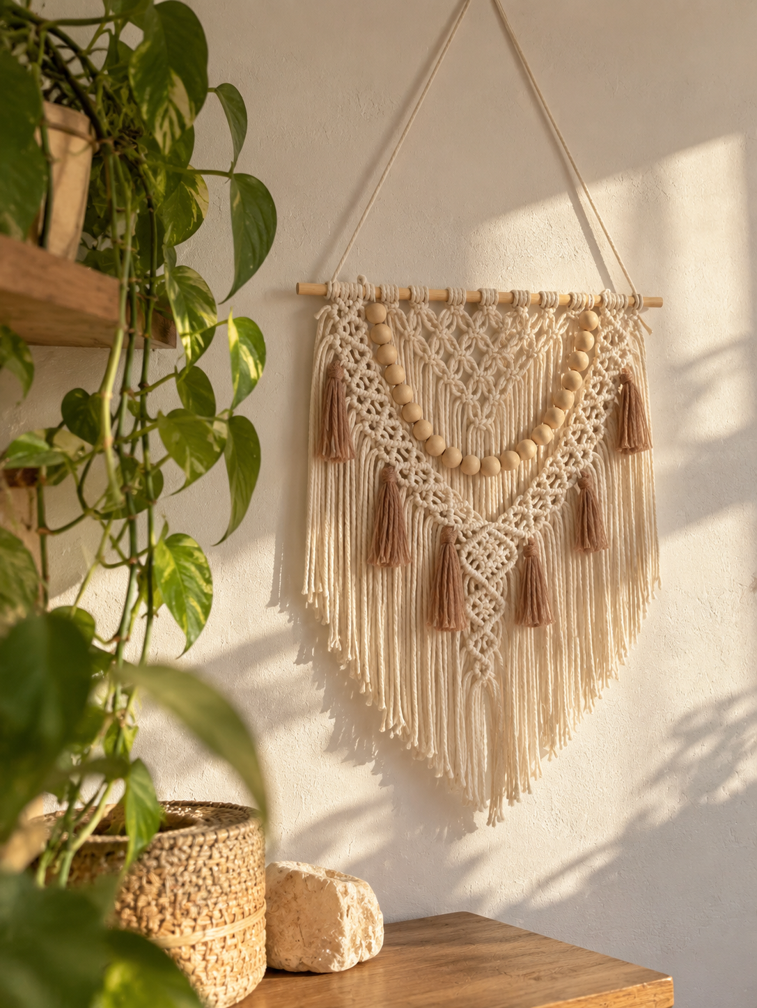 Arazzo da Parete in Macramè - con collana perle di legno