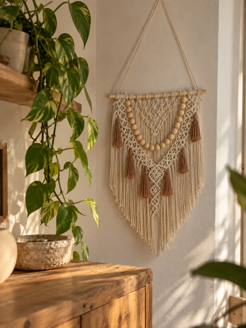 Arazzo da Parete in Macramè - con collana perle di legno